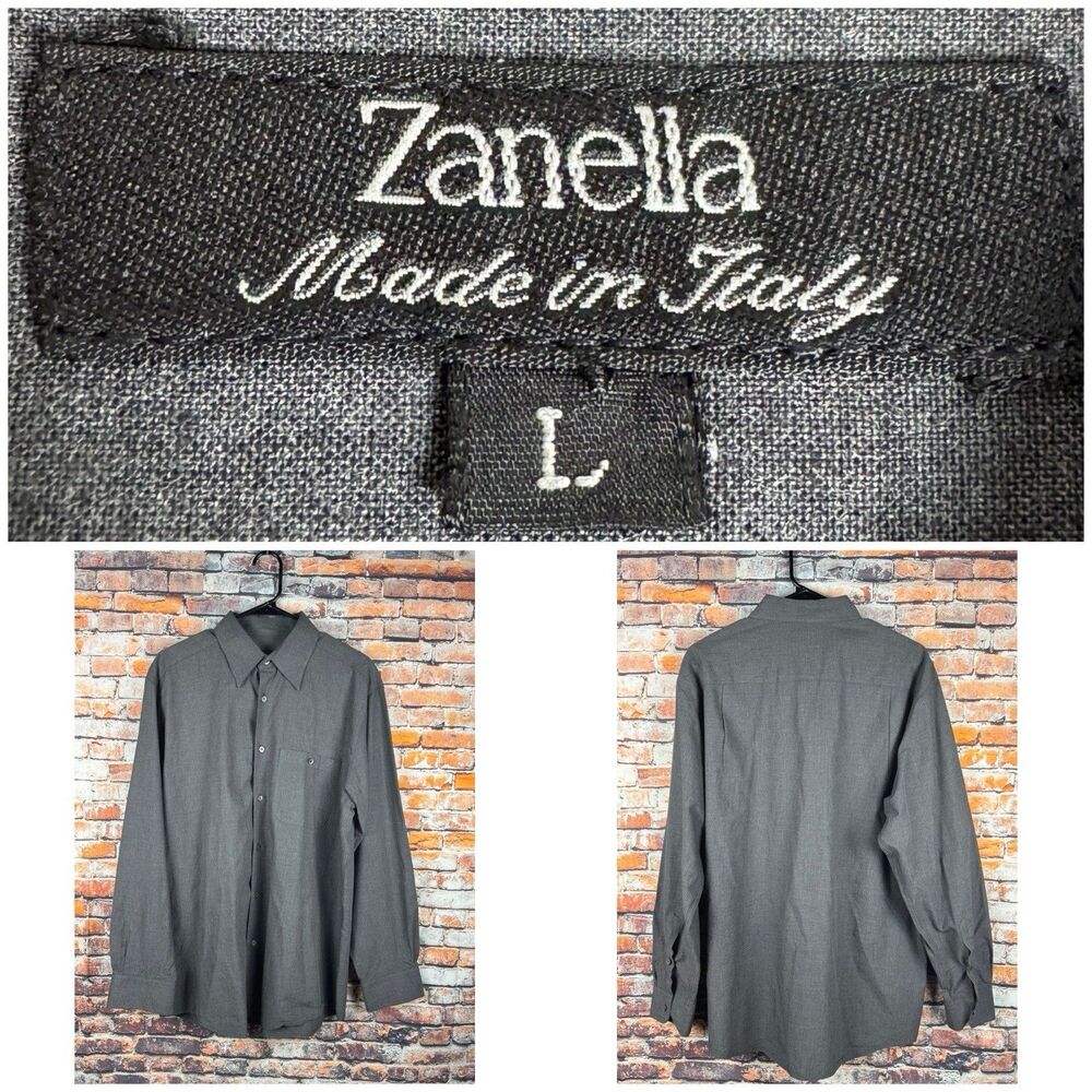 Zanella Men's Long Sleeve Sports Shirt Heather Gray Large Italy Cotton Rayon